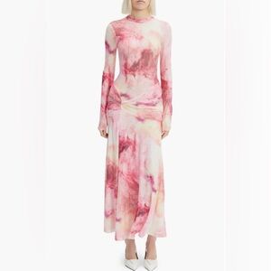 Bardot Size M Lea Ruched Long Sleeve Mesh Maxi Dress Crew Neck Tie-Dye Pink NWoT